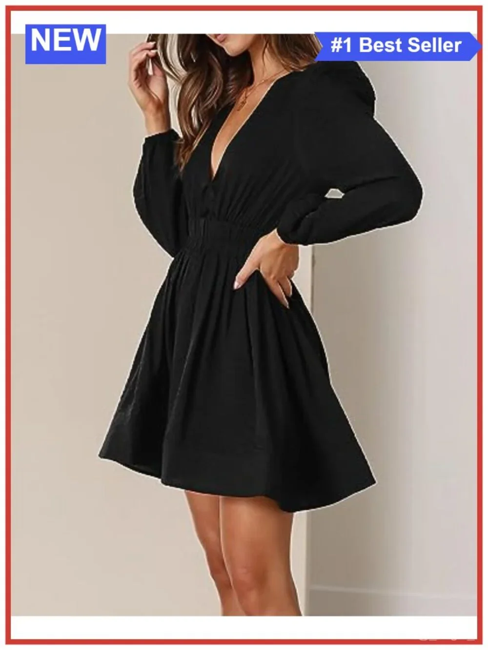 Women's Mini Deep V Long Sleeve Dress A-Line High Waisted Flowy Casual Cocktail